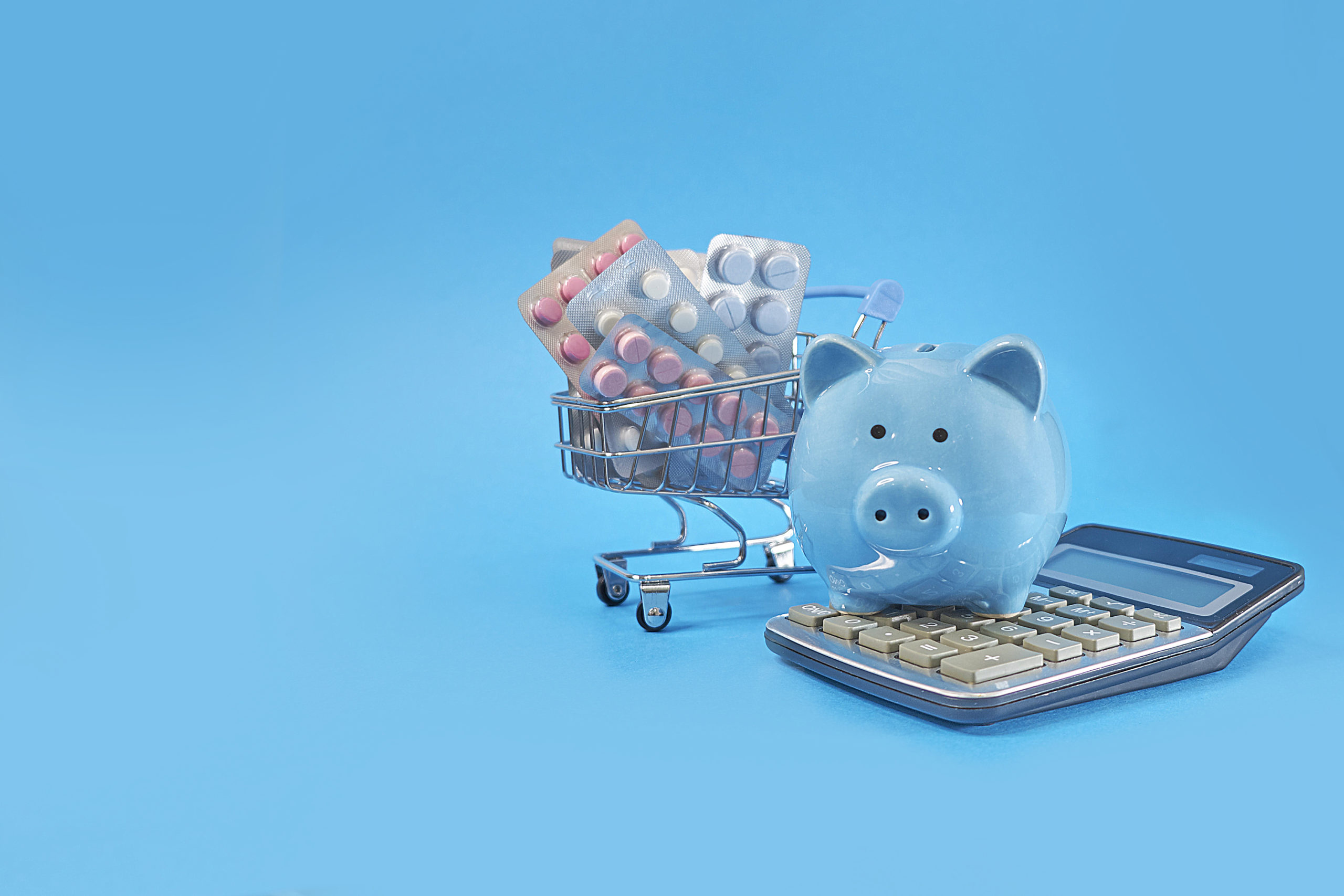 Piggy Bank And Basket With Pills On A Blue Background, Concept Of Saving On Drugs, Online Shopping - KAPCON CONTABILIDADE